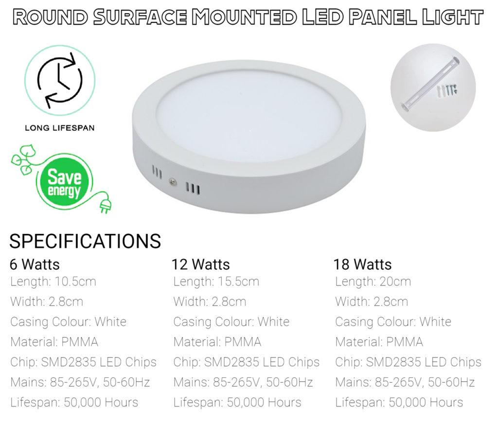 Long-Lasting LED Panel Light Led Ceiling Light 6W 12W 18W (Round Surface Mounted) Specification