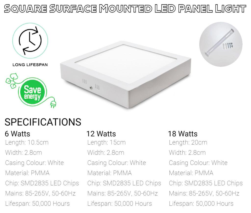Long-Lasting LED Panel Light Led Ceiling Light 6W 12W 18W (Square Surface Mounted) Specification