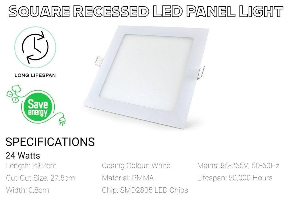Slim and Elegant LED Panel Light, LED Ceiling Light 24W Square (Recessed) Specification
