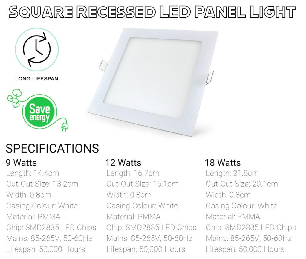 Slim and Elegant LED Panel Light, LED Ceiling Light 4,9,12,15,18W Square (Recessed) Specification