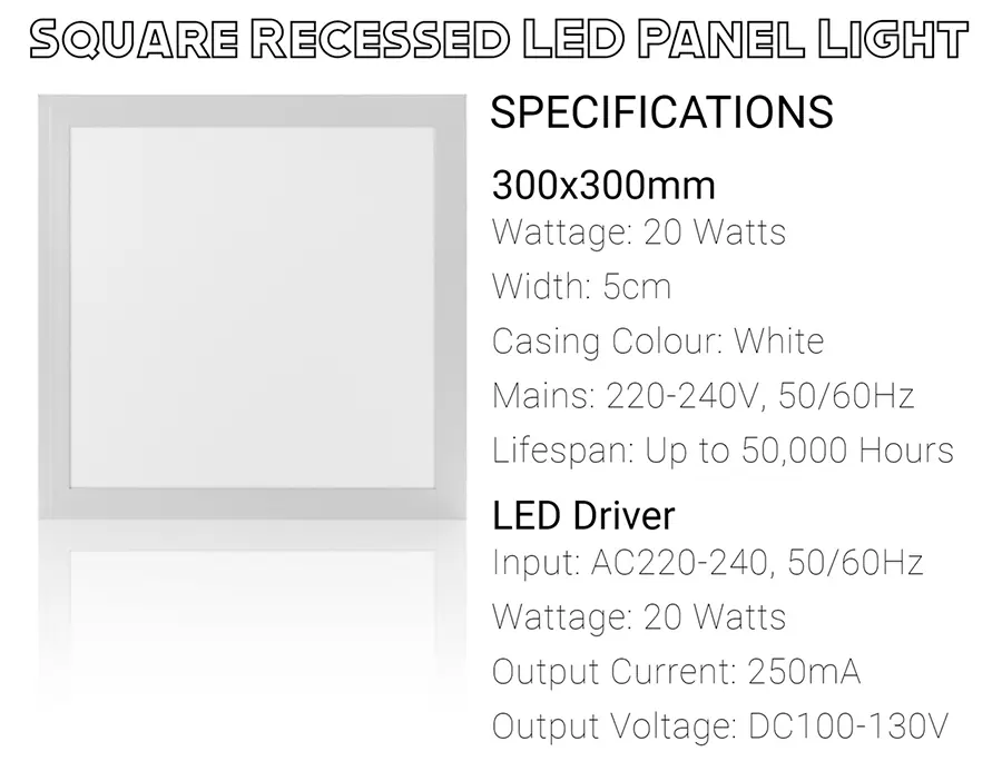 Square LED Panel Light, Square LED Ceiling Light, 300x300mm(Recessed) Specification